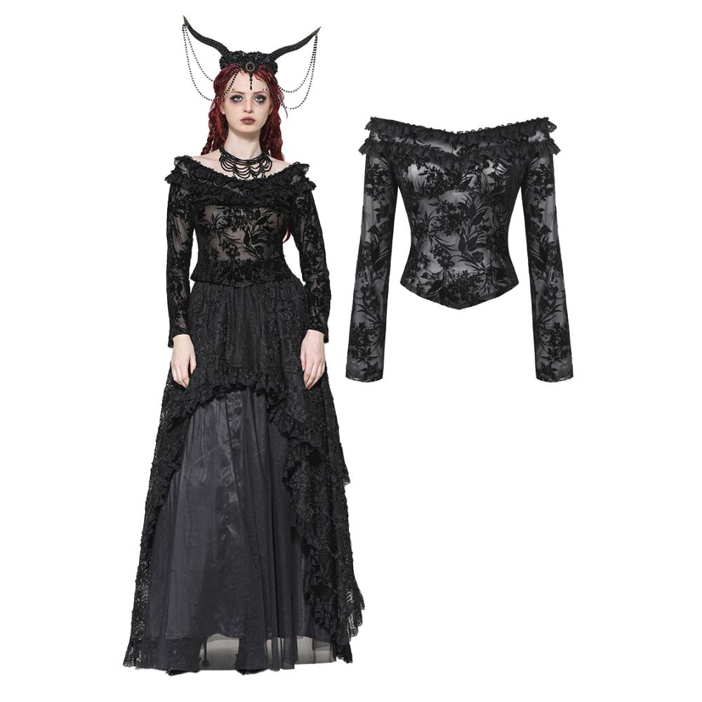 Dark in Love - Gothic Sexy Off-Shoulder Velvet Lace Longsleeve top - Zwart